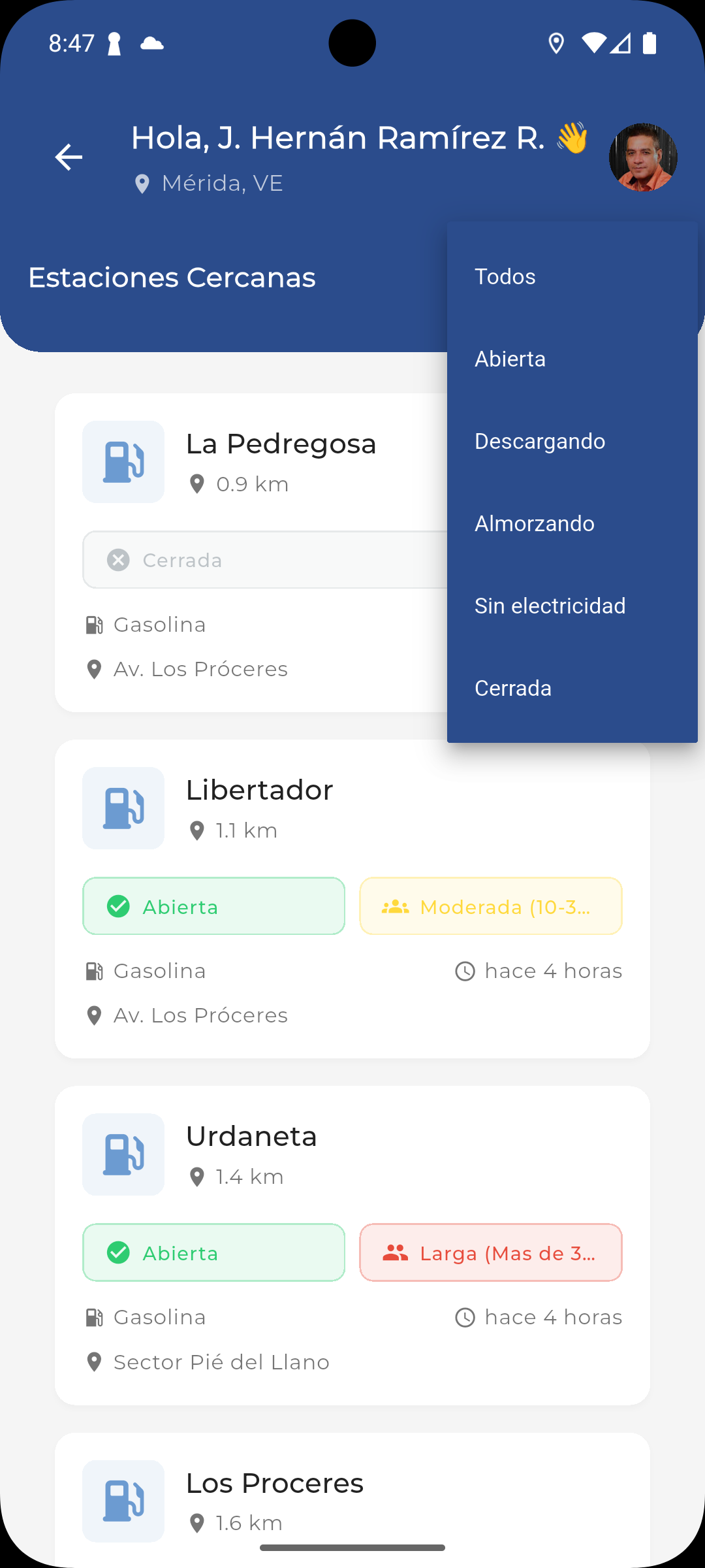 Captura de pantalla de estaciones de combustible